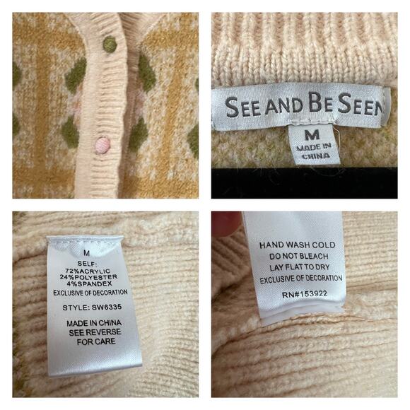 Seen And Be Seen Puffed Short Sleeve Cropped Jacquard Cardigan Sweater S… - Picture 6 of 10